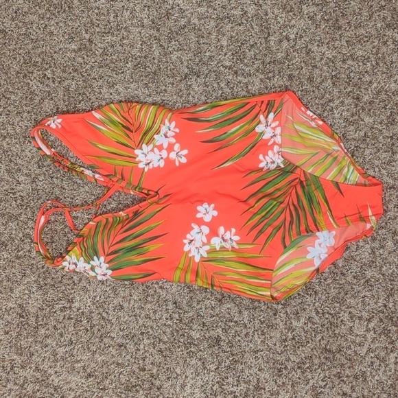 Kona sol red orange tropical floral v wire one piece open tie back swim suit 💋 - Picture 2 of 7